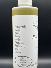 Load image into Gallery viewer, Help give your hair what it needs to be Rejuvenated, Strong, and Grow. Our unique blend of Olive oil, Avocado oil, Castor oil, Shea Butter, Coconut oil, and RSPO Palm oil, are infused with Fenugreek seeds, Basil, Black seeds, Oregano, Rosemary, and Cloves which provide Collogen, Iron, Vitamins A,C,E,F,K, and Omega 3. If you want the hair oil without Rosemary and Cloves, then select the option Without Mint. Comes in an 8oz or 16oz leak proof squeeze bottle with a twist cap.
