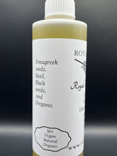 Load image into Gallery viewer, Help give your hair what it needs to be Rejuvenated, Strong, and Grow. Our unique blend of Olive oil, Avocado oil, Castor oil, Shea Butter, Coconut oil, and RSPO Palm oil, are infused with Fenugreek seeds, Basil, Black seeds, Oregano, Rosemary, and Cloves which provide Collogen, Iron, Vitamins A,C,E,F,K, and Omega 3. If you want the hair oil without Rosemary and Cloves, then select the option Without Mint. Comes in an 8oz or 16oz leak proof squeeze bottle with a twist cap.